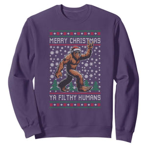 Merry Christmas Ya Filthy Humans Bigfoot Sweatshirt Funny Xmas Sasquatch TS11 Purple Print Your Wear