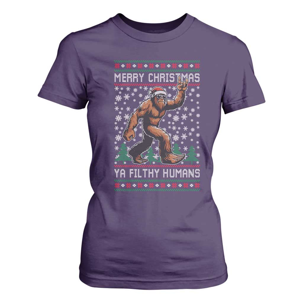 Merry Christmas Ya Filthy Humans Bigfoot T Shirt For Women Funny Xmas Sasquatch TS11 Purple Print Your Wear