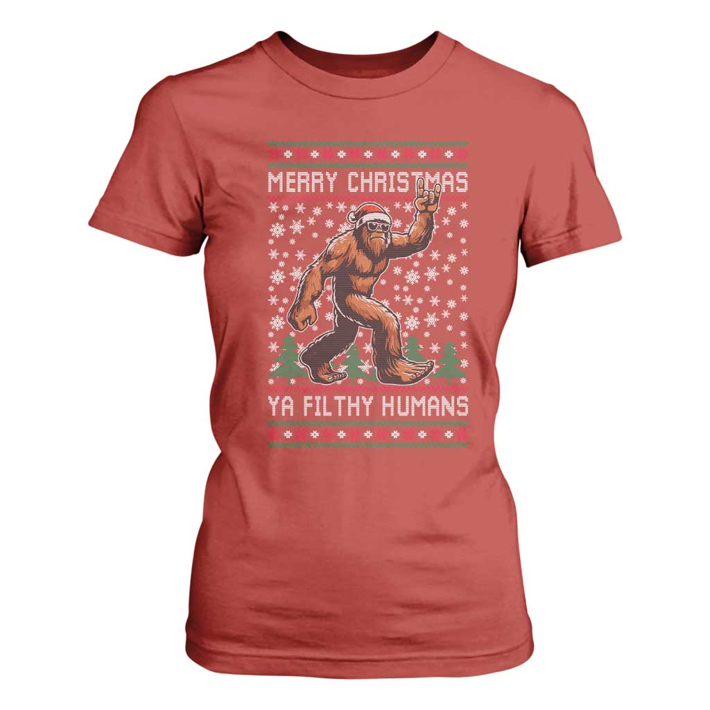 Merry Christmas Ya Filthy Humans Bigfoot T Shirt For Women Funny Xmas Sasquatch TS11 Red Print Your Wear