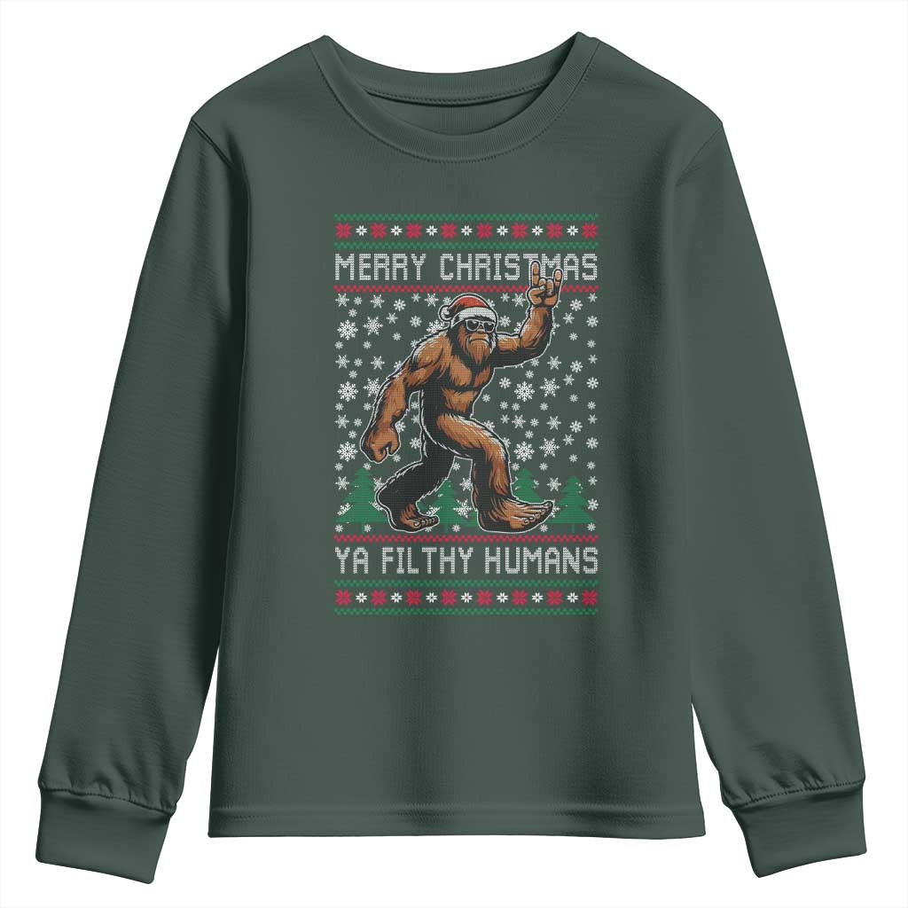Merry Christmas Ya Filthy Humans Bigfoot Youth Sweatshirt Funny Xmas Sasquatch TS11 Dark Forest Green Print Your Wear