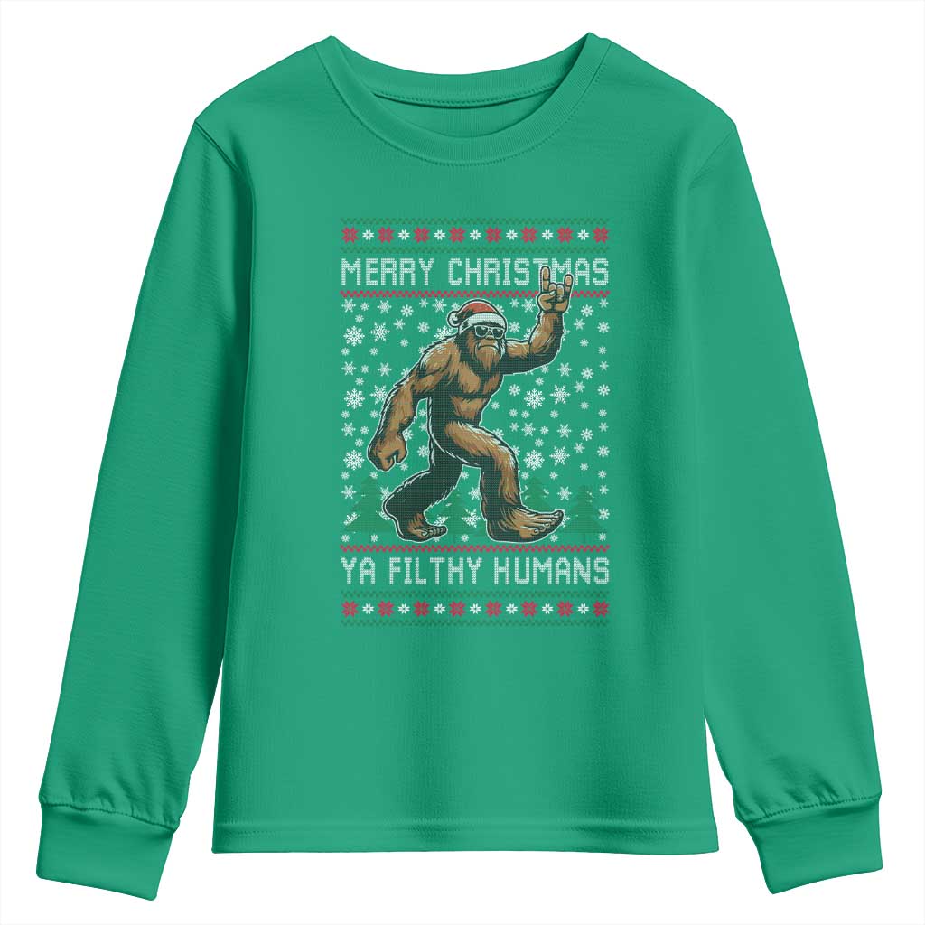 Merry Christmas Ya Filthy Humans Bigfoot Youth Sweatshirt Funny Xmas Sasquatch TS11 Irish Green Print Your Wear