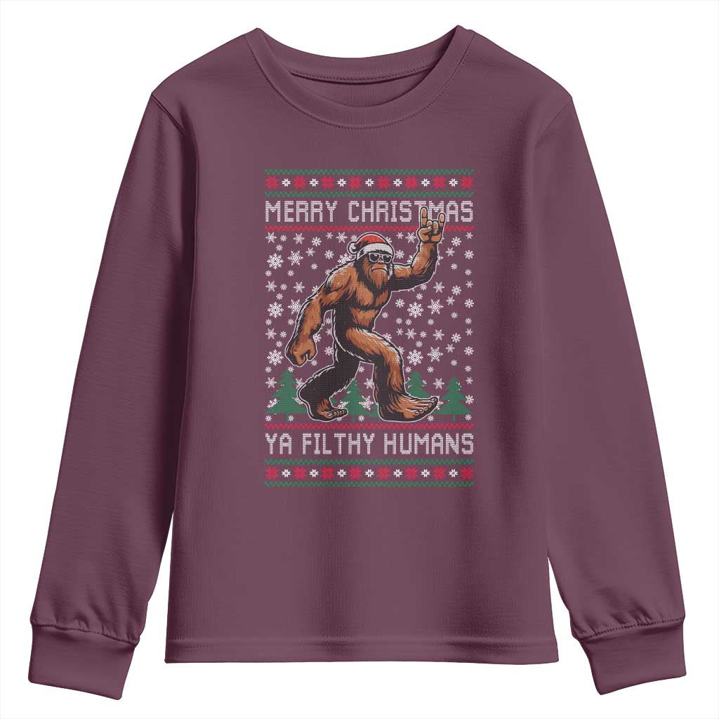Merry Christmas Ya Filthy Humans Bigfoot Youth Sweatshirt Funny Xmas Sasquatch TS11 Maroon Print Your Wear