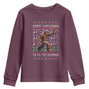 Merry Christmas Ya Filthy Humans Bigfoot Youth Sweatshirt Funny Xmas Sasquatch TS11 Maroon Print Your Wear