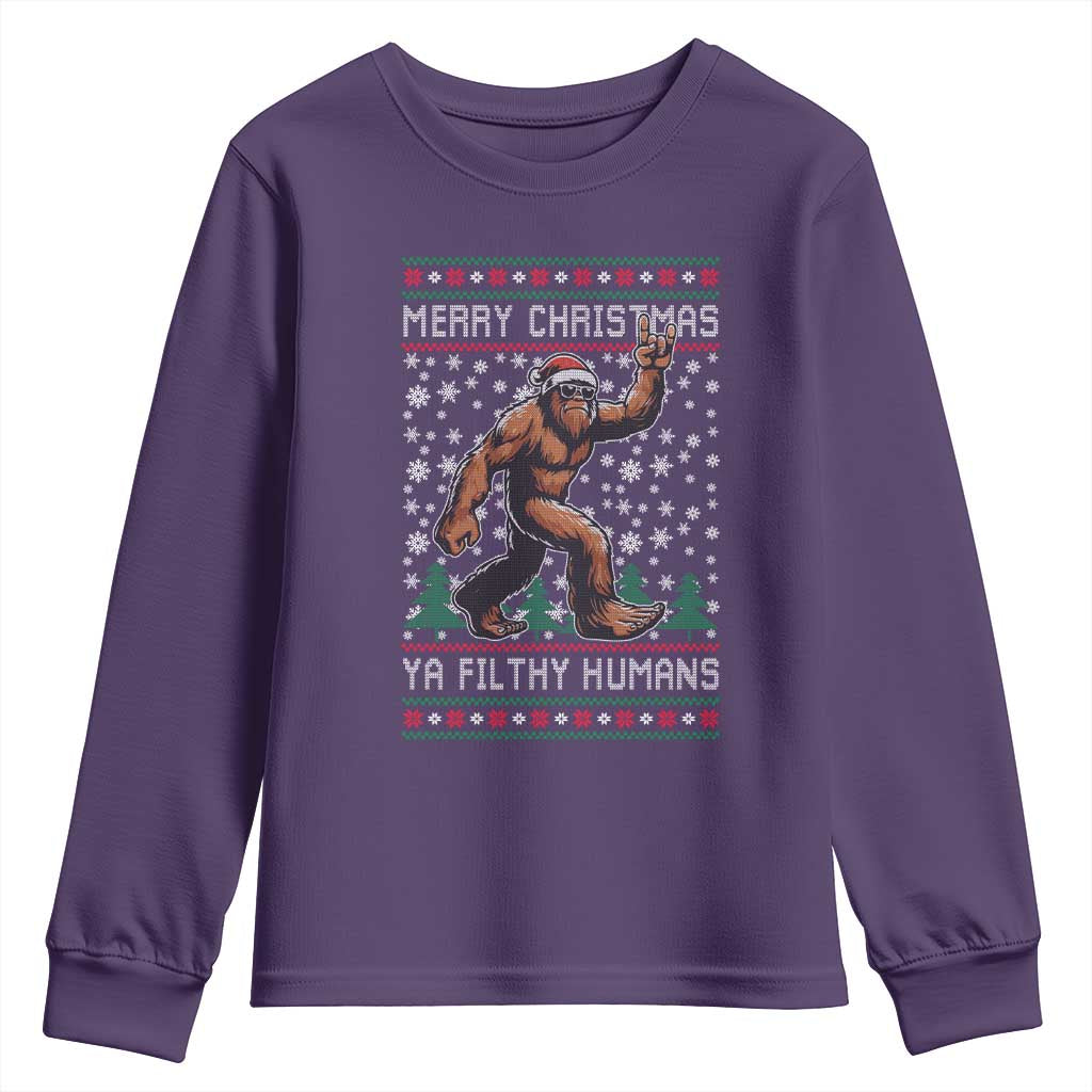Merry Christmas Ya Filthy Humans Bigfoot Youth Sweatshirt Funny Xmas Sasquatch TS11 Purple Print Your Wear