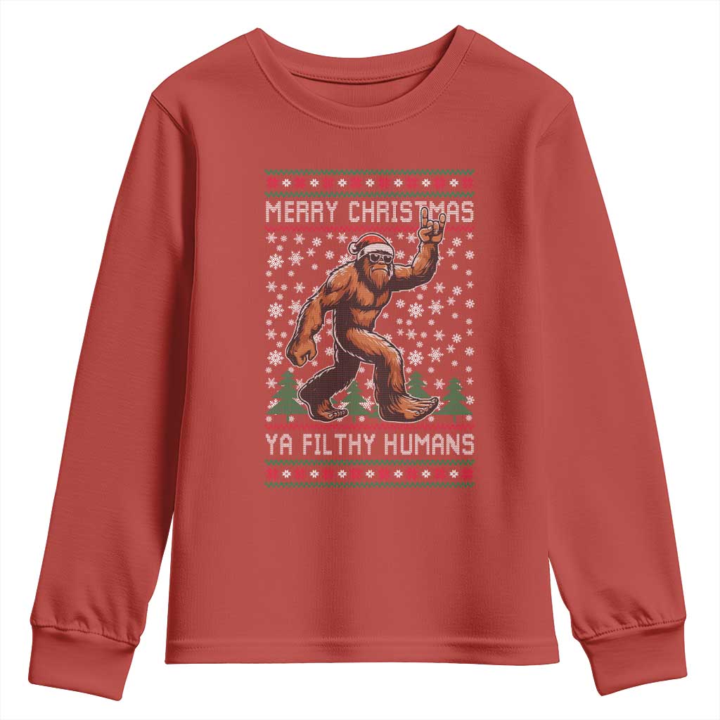 Merry Christmas Ya Filthy Humans Bigfoot Youth Sweatshirt Funny Xmas Sasquatch TS11 Red Print Your Wear
