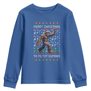 Merry Christmas Ya Filthy Humans Bigfoot Youth Sweatshirt Funny Xmas Sasquatch TS11 Royal Blue Print Your Wear