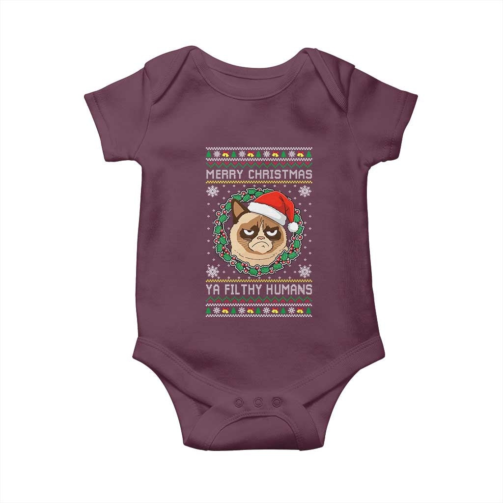Merry Christmas Ya Filthy Humans Cat Baby Onesie Funny Xmas Grumpy Cat TS11 Maroon Print Your Wear