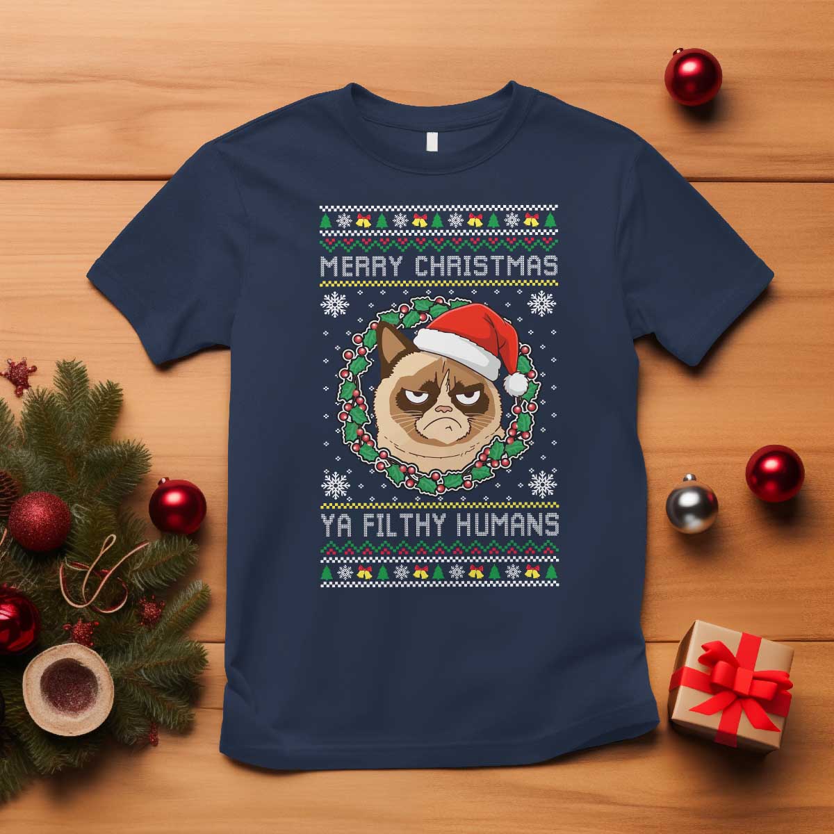 Merry Christmas Ya Filthy Humans Cat T Shirt Funny Xmas Grumpy Cat TS11 Navy Print Your Wear