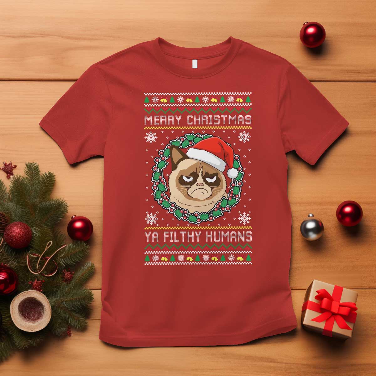 Merry Christmas Ya Filthy Humans Cat T Shirt Funny Xmas Grumpy Cat TS11 Red Print Your Wear
