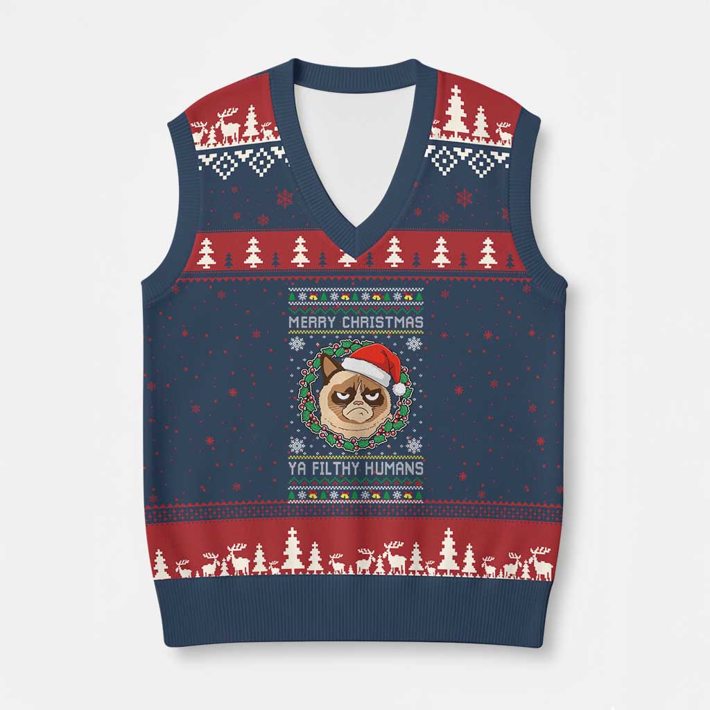 Merry Xmas Ya Filthy Humans Cat V-Neck Knit Sweater Vest Funny Xmas Grumpy Cat TS11 Navy Red Print Your Wear