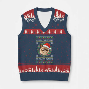 Merry Xmas Ya Filthy Humans Cat V-Neck Knit Sweater Vest Funny Xmas Grumpy Cat TS11 Navy Red Print Your Wear