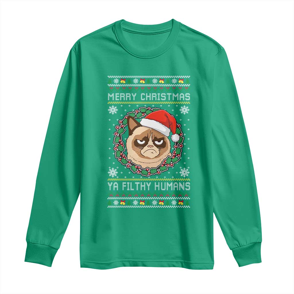 Merry Christmas Ya Filthy Humans Cat Long Sleeve Shirt Funny Xmas Grumpy Cat TS11 Irish Green Print Your Wear