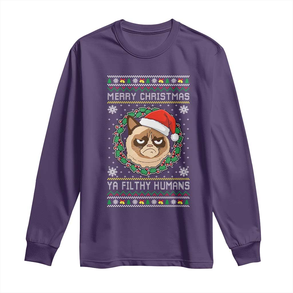 Merry Christmas Ya Filthy Humans Cat Long Sleeve Shirt Funny Xmas Grumpy Cat TS11 Purple Print Your Wear