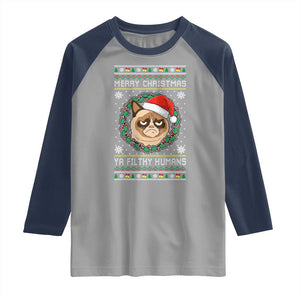 Merry Christmas Ya Filthy Humans Cat Raglan Shirt Funny Xmas Grumpy Cat TS11 Sport Gray Navy Print Your Wear