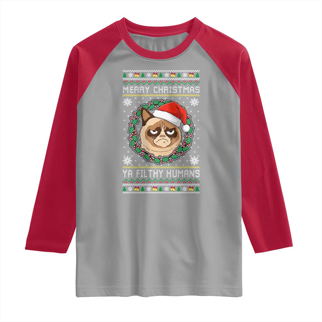 Merry Christmas Ya Filthy Humans Cat Raglan Shirt Funny Xmas Grumpy Cat TS11 Sport Gray Red Print Your Wear