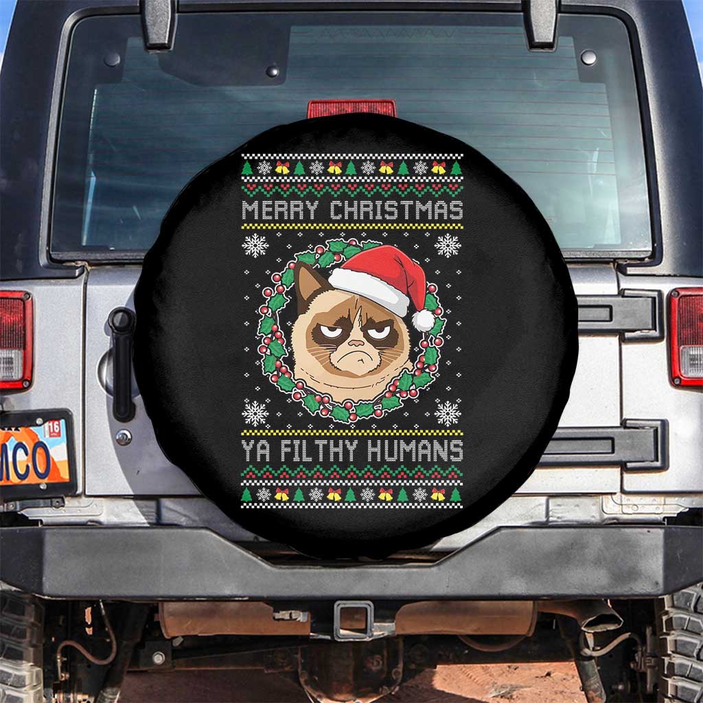 Merry Christmas Ya Filthy Humans Cat Spare Tire Cover Funny Xmas Grumpy Cat TS11 No hole Black Print Your Wear
