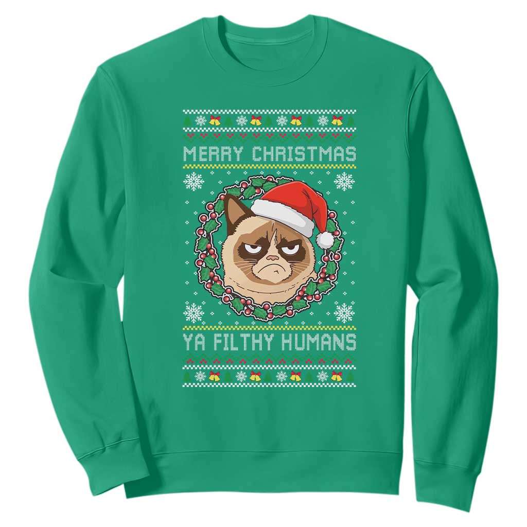 Merry Christmas Ya Filthy Humans Cat Sweatshirt Funny Xmas Grumpy Cat TS11 Irish Green Print Your Wear