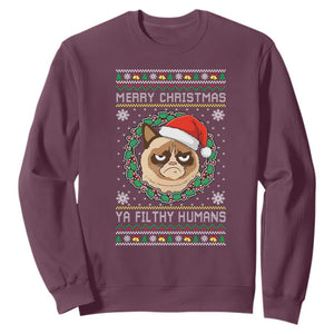 Merry Christmas Ya Filthy Humans Cat Sweatshirt Funny Xmas Grumpy Cat TS11 Maroon Print Your Wear