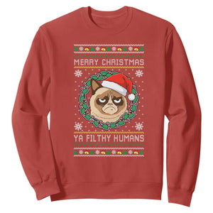 Merry Christmas Ya Filthy Humans Cat Sweatshirt Funny Xmas Grumpy Cat TS11 Red Print Your Wear
