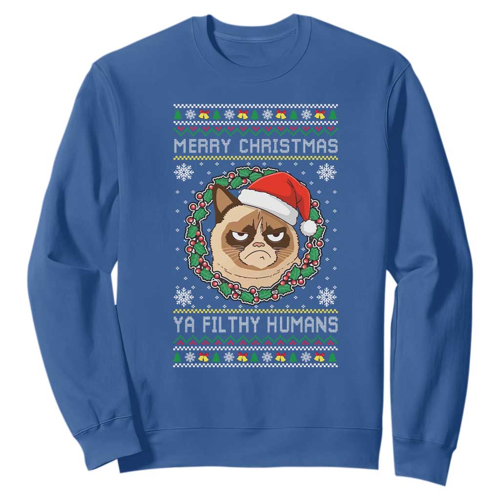 Merry Christmas Ya Filthy Humans Cat Sweatshirt Funny Xmas Grumpy Cat TS11 Royal Blue Print Your Wear