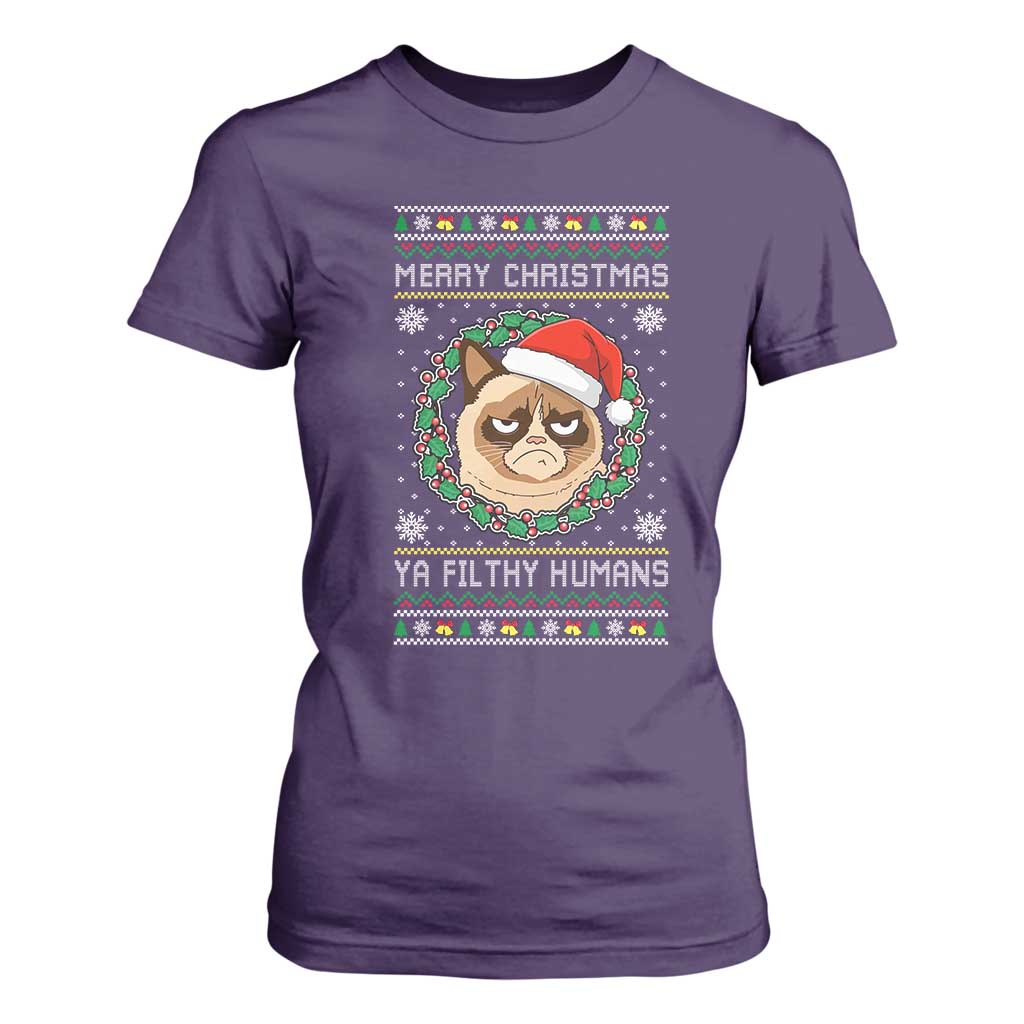 Merry Christmas Ya Filthy Humans Cat T Shirt For Women Funny Xmas Grumpy Cat TS11 Purple Print Your Wear