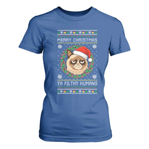 Merry Christmas Ya Filthy Humans Cat T Shirt For Women Funny Xmas Grumpy Cat TS11 Royal Blue Print Your Wear