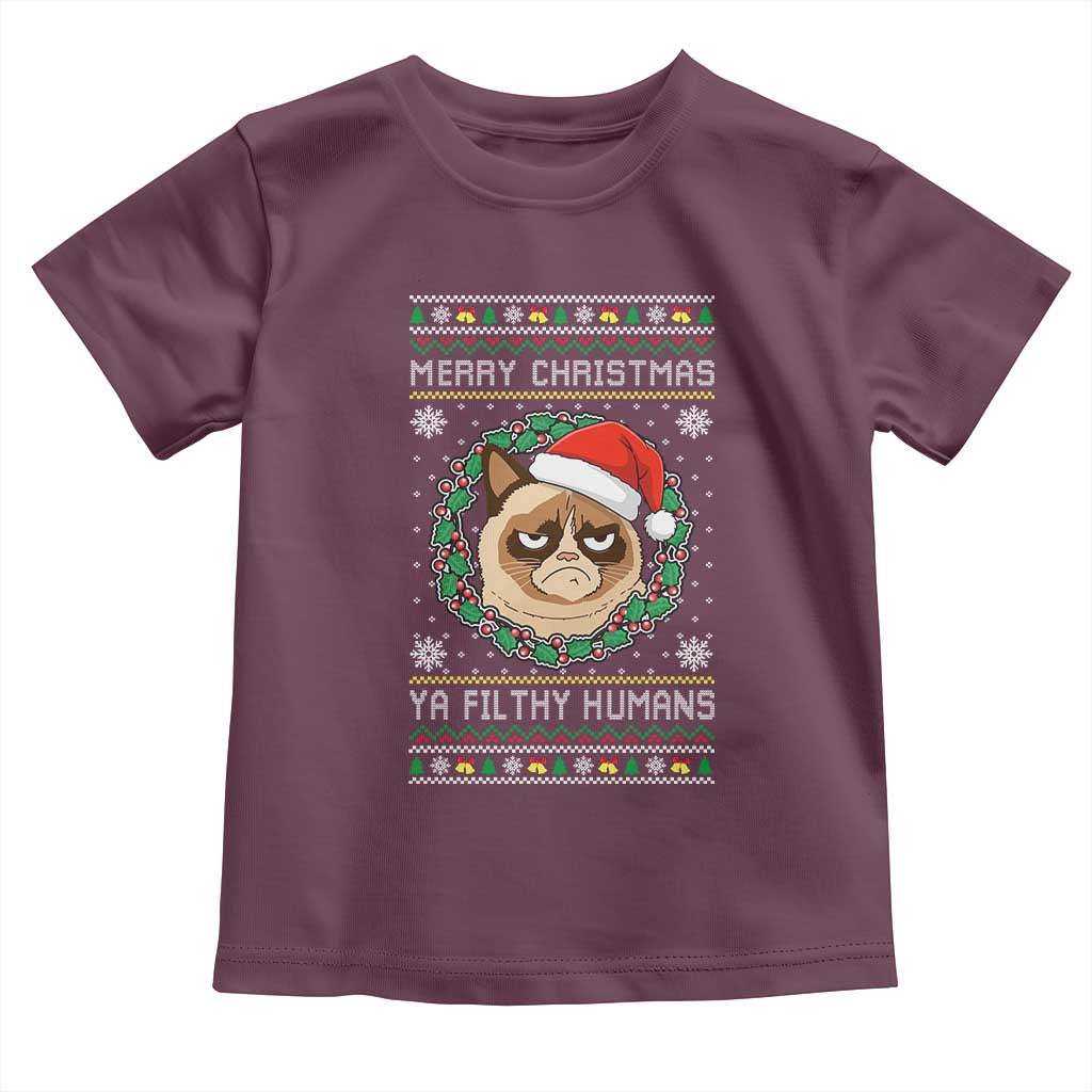 Merry Christmas Ya Filthy Humans Cat Toddler T Shirt Funny Xmas Grumpy Cat TS11 Maroon Print Your Wear