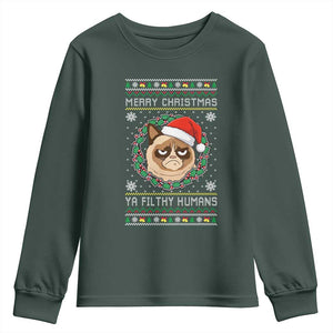 Merry Christmas Ya Filthy Humans Cat Youth Sweatshirt Funny Xmas Grumpy Cat TS11 Dark Forest Green Print Your Wear