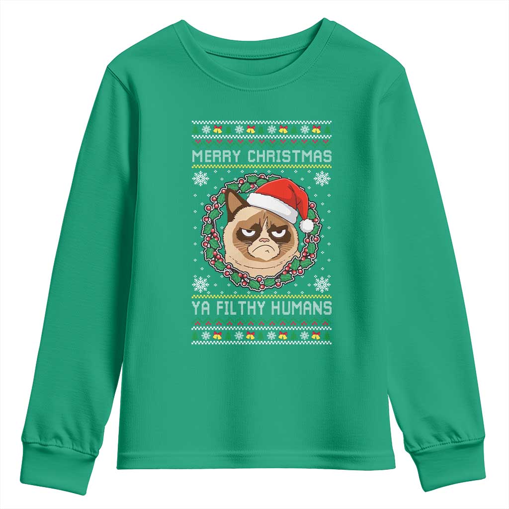 Merry Christmas Ya Filthy Humans Cat Youth Sweatshirt Funny Xmas Grumpy Cat TS11 Irish Green Print Your Wear
