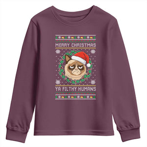 Merry Christmas Ya Filthy Humans Cat Youth Sweatshirt Funny Xmas Grumpy Cat TS11 Maroon Print Your Wear