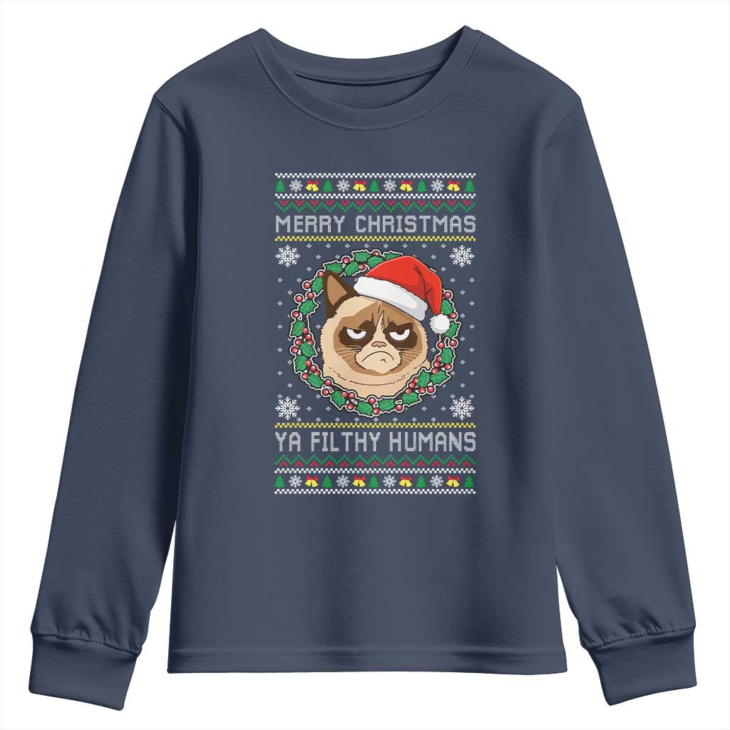 Merry Christmas Ya Filthy Humans Cat Youth Sweatshirt Funny Xmas Grumpy Cat TS11 Navy Print Your Wear