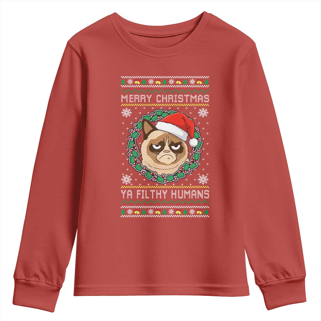 Merry Christmas Ya Filthy Humans Cat Youth Sweatshirt Funny Xmas Grumpy Cat TS11 Red Print Your Wear