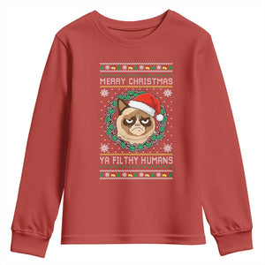 Merry Christmas Ya Filthy Humans Cat Youth Sweatshirt Funny Xmas Grumpy Cat TS11 Red Print Your Wear