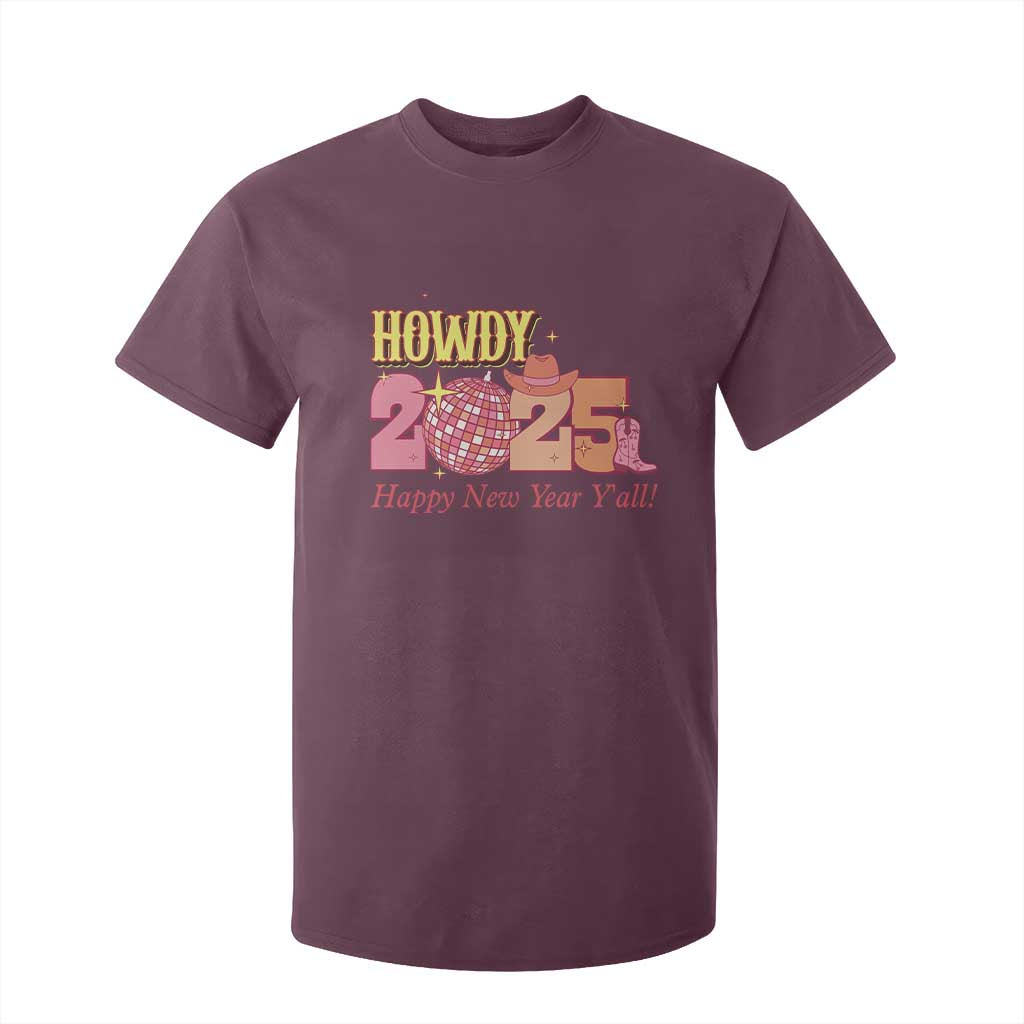 Howdy 2025 T Shirt For Kid Happy New Year Y'all Sparkling Cowgirl TS11 Maroon Print Your Wear