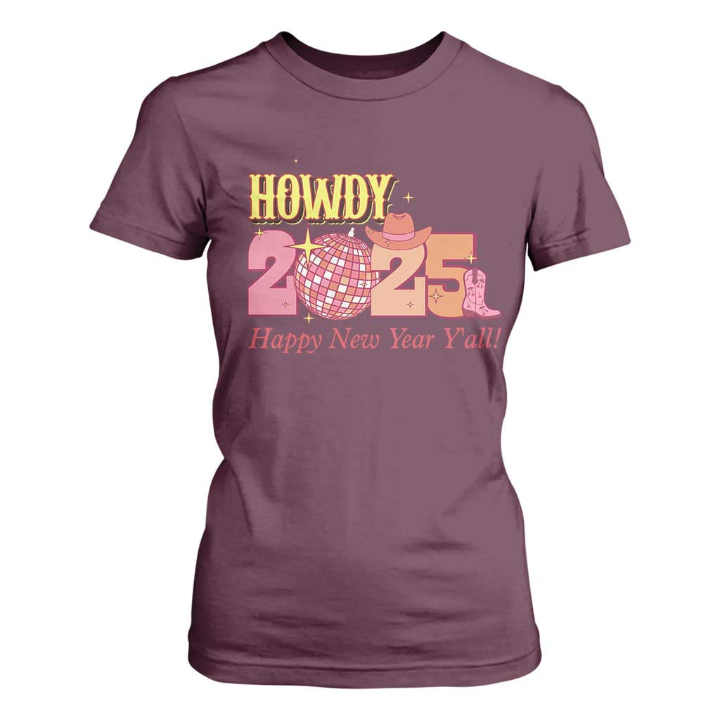 Howdy 2025 T Shirt For Women Happy New Year Y'all Sparkling Cowgirl TS11 Maroon Print Your Wear