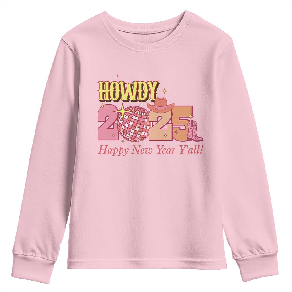 Howdy 2025 Youth Sweatshirt Happy New Year Y'all Sparkling Cowgirl TS11 Light Pink Print Your Wear