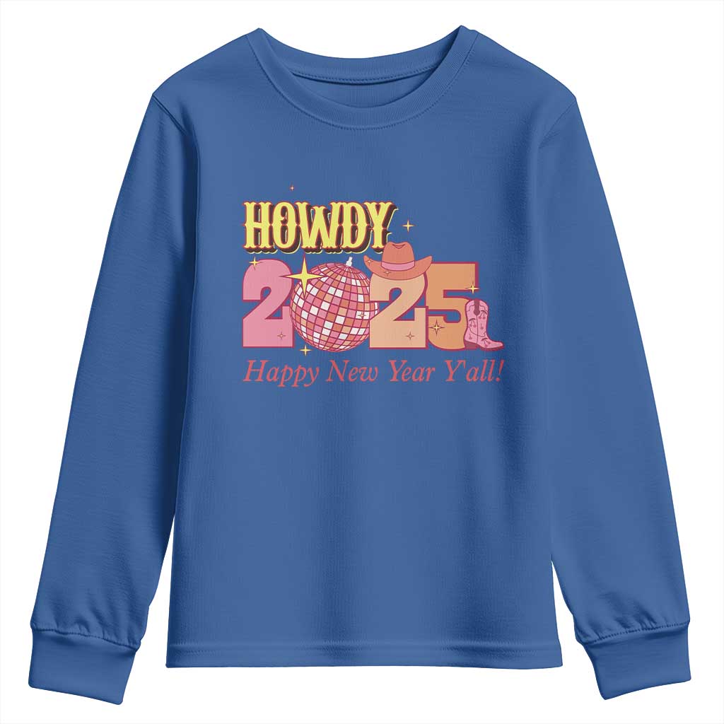 Howdy 2025 Youth Sweatshirt Happy New Year Y'all Sparkling Cowgirl TS11 Royal Blue Print Your Wear