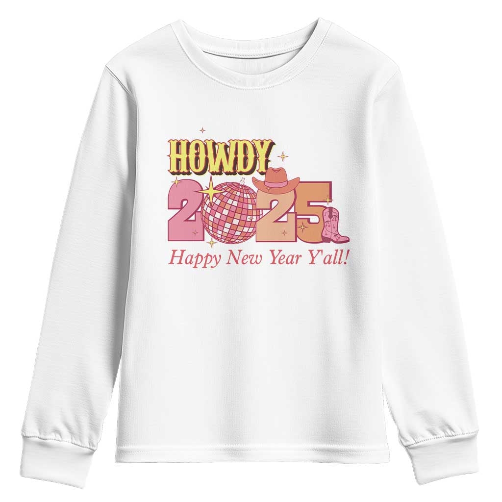 Howdy 2025 Youth Sweatshirt Happy New Year Y'all Sparkling Cowgirl TS11 White Print Your Wear