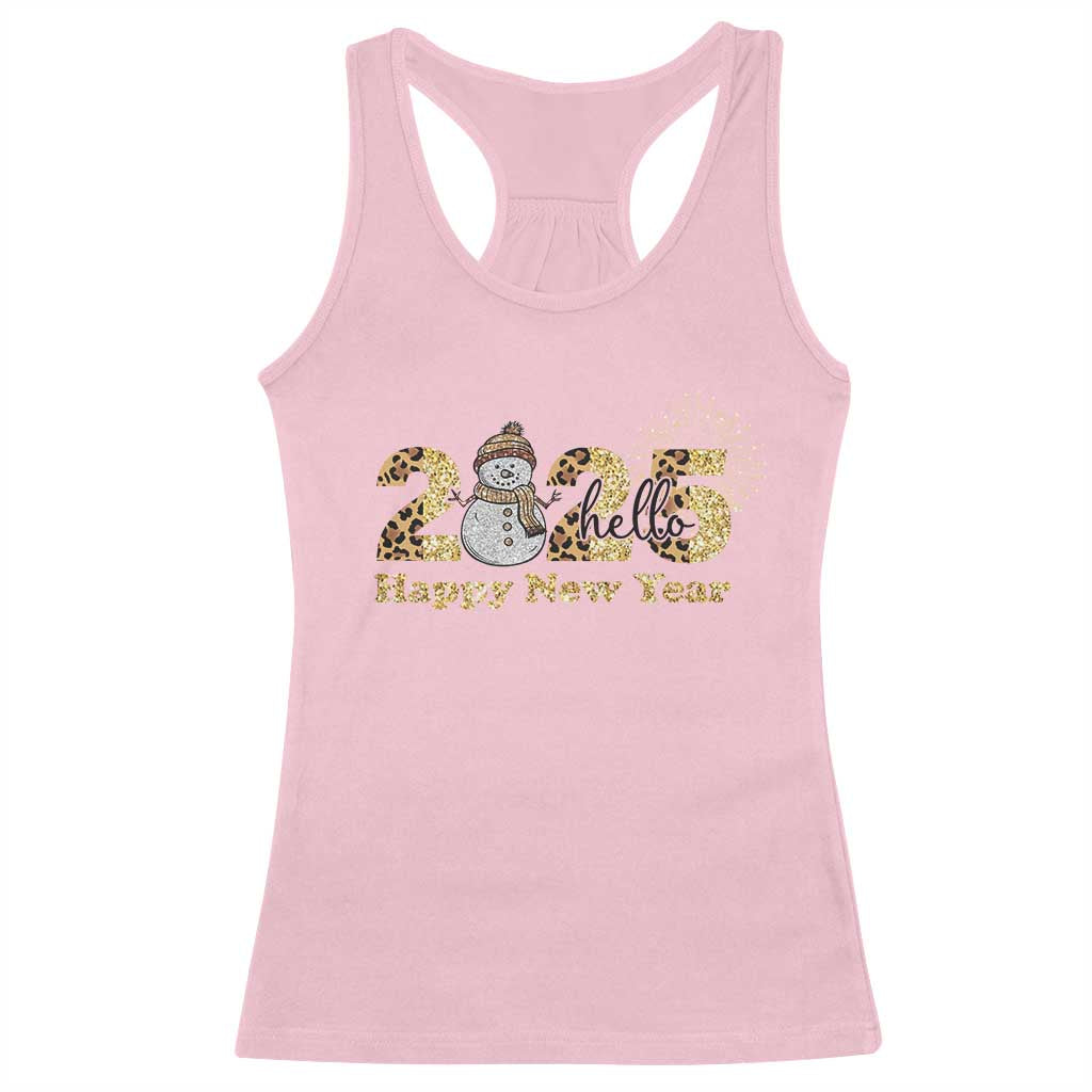 Hello 2025 Happy New Year Racerback Tank Top Fireworks Snowman TS11 Light Pink Print Your Wear