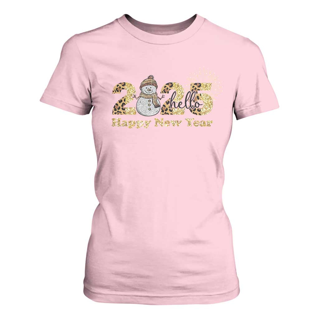 Hello 2025 Happy New Year T Shirt For Women Fireworks Snowman TS11 Light Pink Print Your Wear