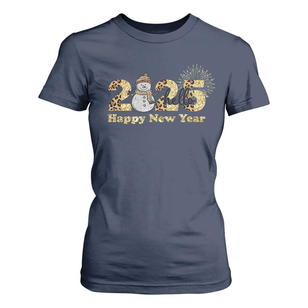 Hello 2025 Happy New Year T Shirt For Women Fireworks Snowman TS11 Navy Print Your Wear