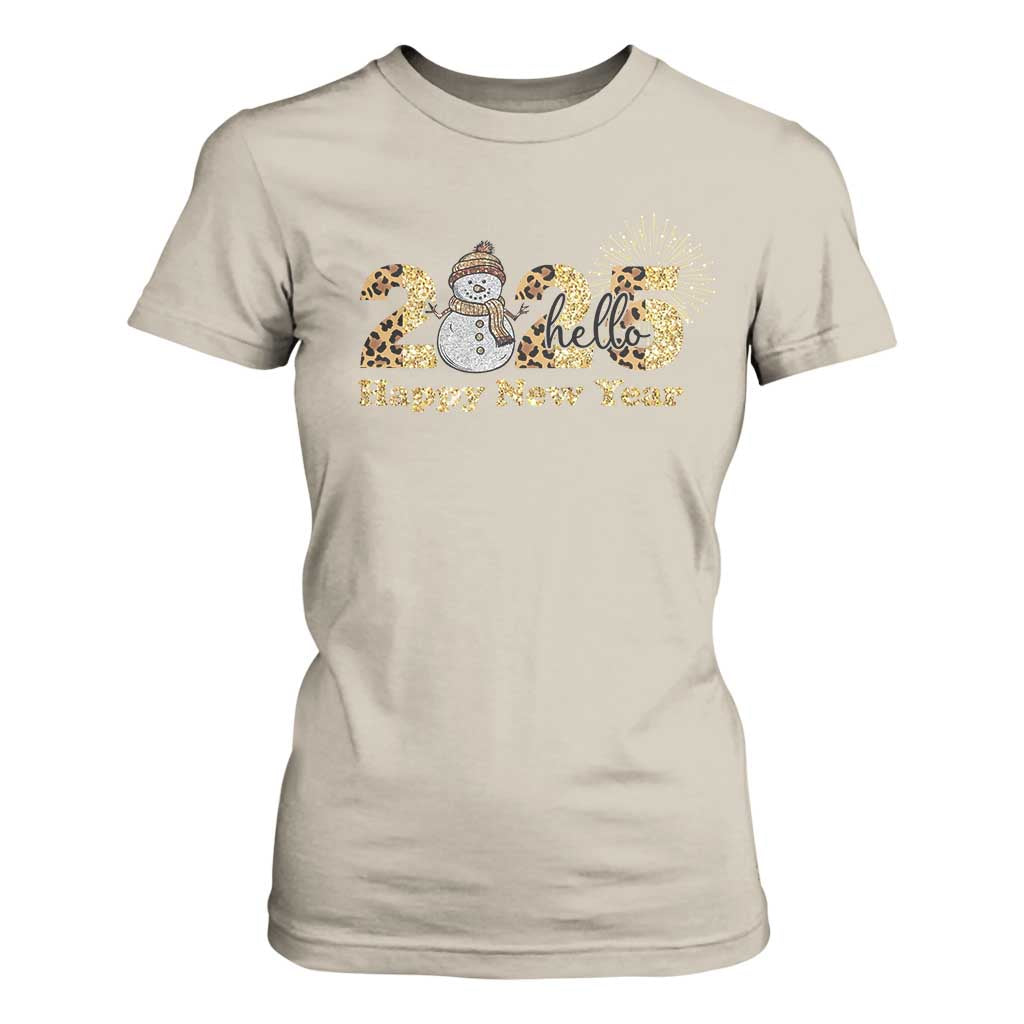 Hello 2025 Happy New Year T Shirt For Women Fireworks Snowman TS11 Sand Print Your Wear