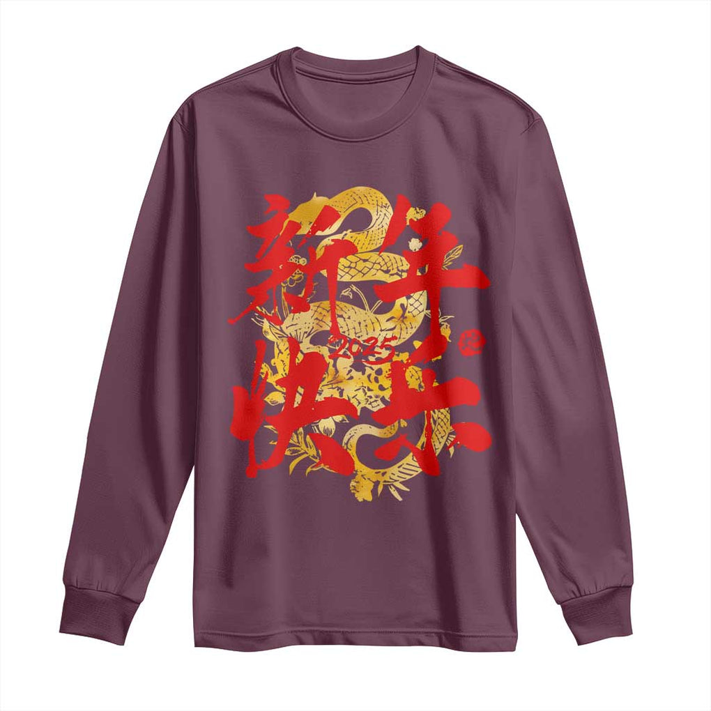 Happy Chinese New Year 2025 Long Sleeve Shirt Calligraphy Year Of The Snake Golden Flowers TS11 Maroon Print Your Wear