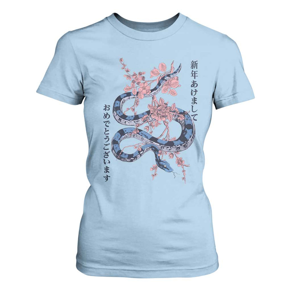 Happy Japanese New Year 2025 T Shirt For Women Year Of The Snake Sakura Cherry Blossom TS11 Light Blue Print Your Wear