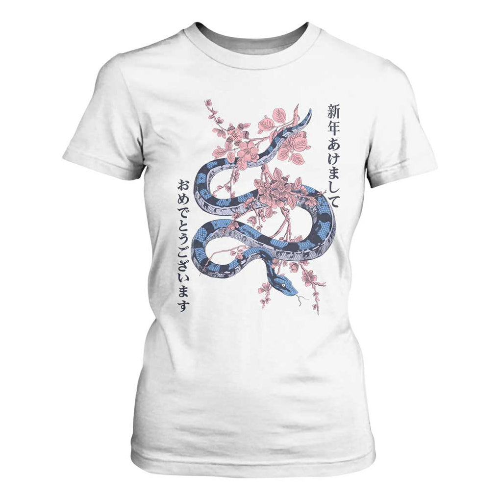 Happy Japanese New Year 2025 T Shirt For Women Year Of The Snake Sakura Cherry Blossom TS11 White Print Your Wear