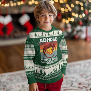 ADHD&D Roll For Concentration Ugly Christmas Sweater Funny RPG Gamer D20 Tabletop Dice TS11 Forest Green Beige Print Your Wear