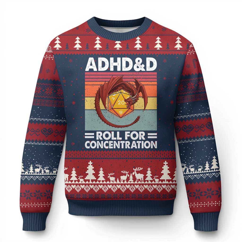 ADHD&D Roll For Concentration Ugly Christmas Sweater Funny RPG Gamer D20 Tabletop Dice TS11 Navy Red Print Your Wear