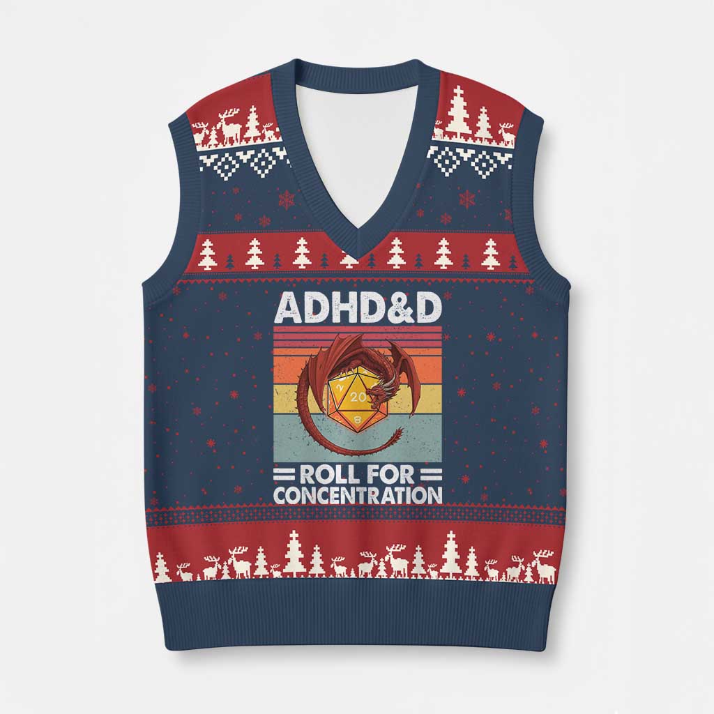 ADHD&D Roll For Concentration V-Neck Knit Sweater Vest Funny RPG Gamer D20 Tabletop Dice TS11 Navy Red Print Your Wear