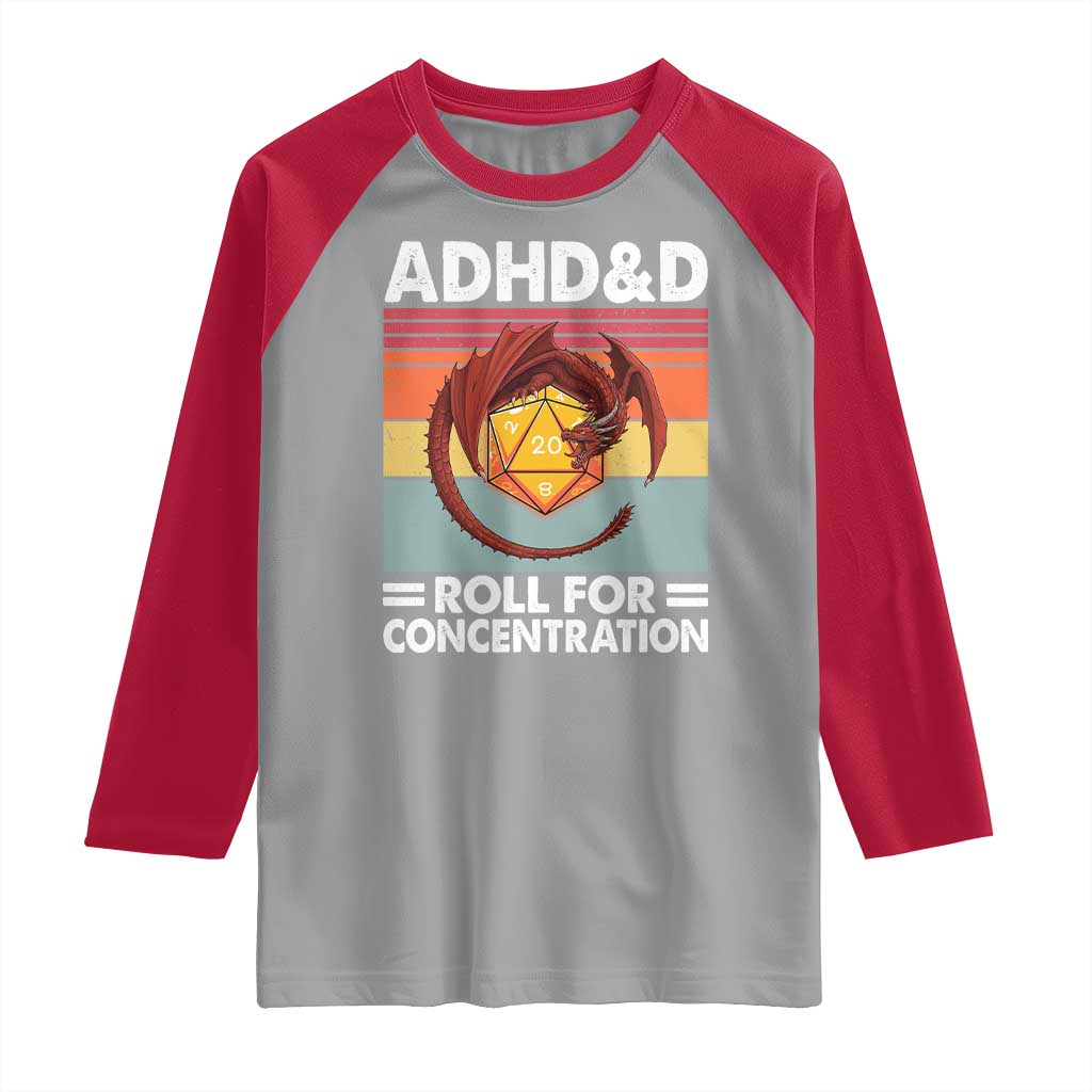 ADHD&D Roll For Concentration Raglan Shirt Funny RPG Gamer D20 Tabletop Dice TS11 Sport Gray Red Print Your Wear