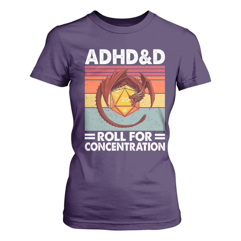 ADHD&D Roll For Concentration T Shirt For Women Funny RPG Gamer D20 Tabletop Dice TS11 Purple Print Your Wear